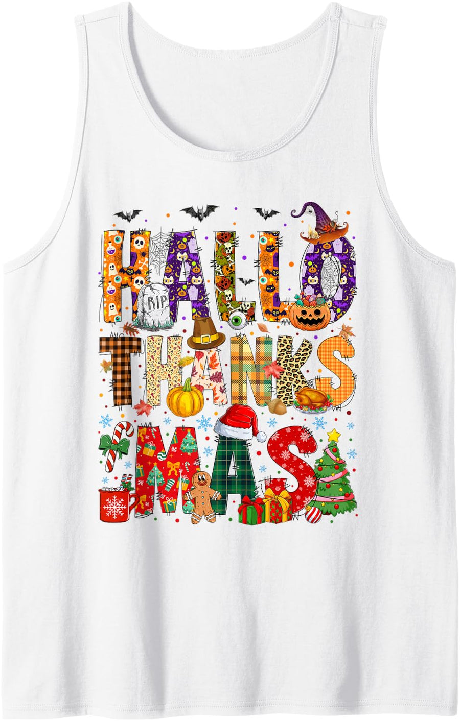 Groovy Happy Hallothanksmas Halloween Thanksgiving Christmas Sleeveless Tank Top - White