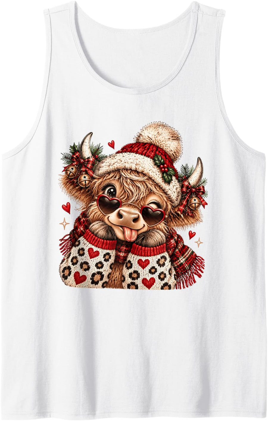 Cute Highland Cow Christmas Winter Holiday Coo Lover Sleeveless Tank Top - White