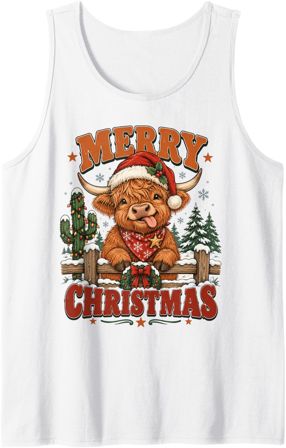 Merry Christmas Highland Cow Cute Santa Hat Cow Xmas Sleeveless Tank Top - White