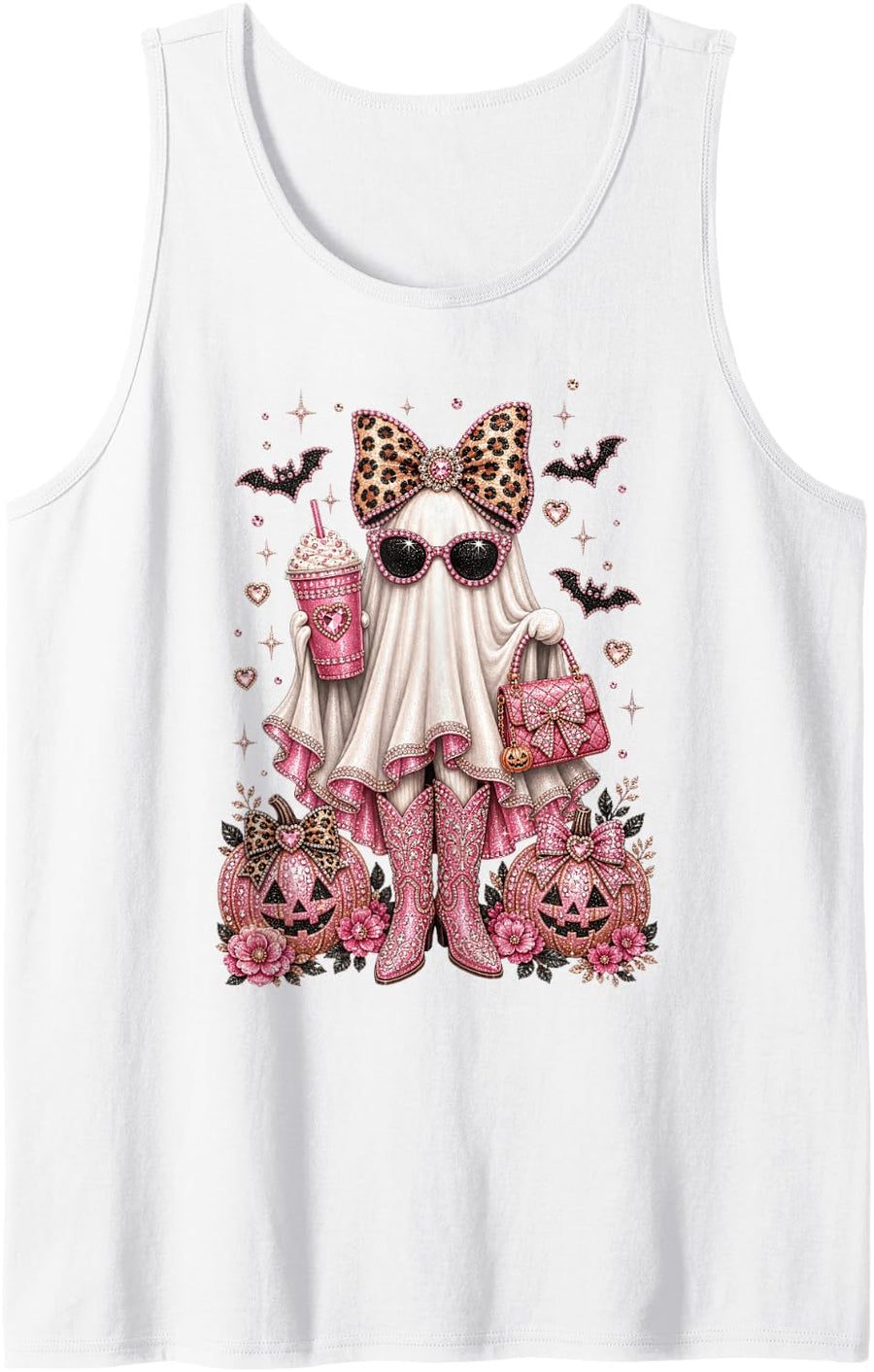 Boo JEE Ghost Leopard Bow Halloween Pumpkin Women Girls Sleeveless Tank Top - White