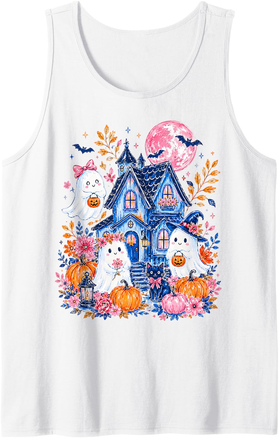Cute Ghost Haunted House Black Cat Pumpkin Halloween Design Sleeveless Tank Top - White