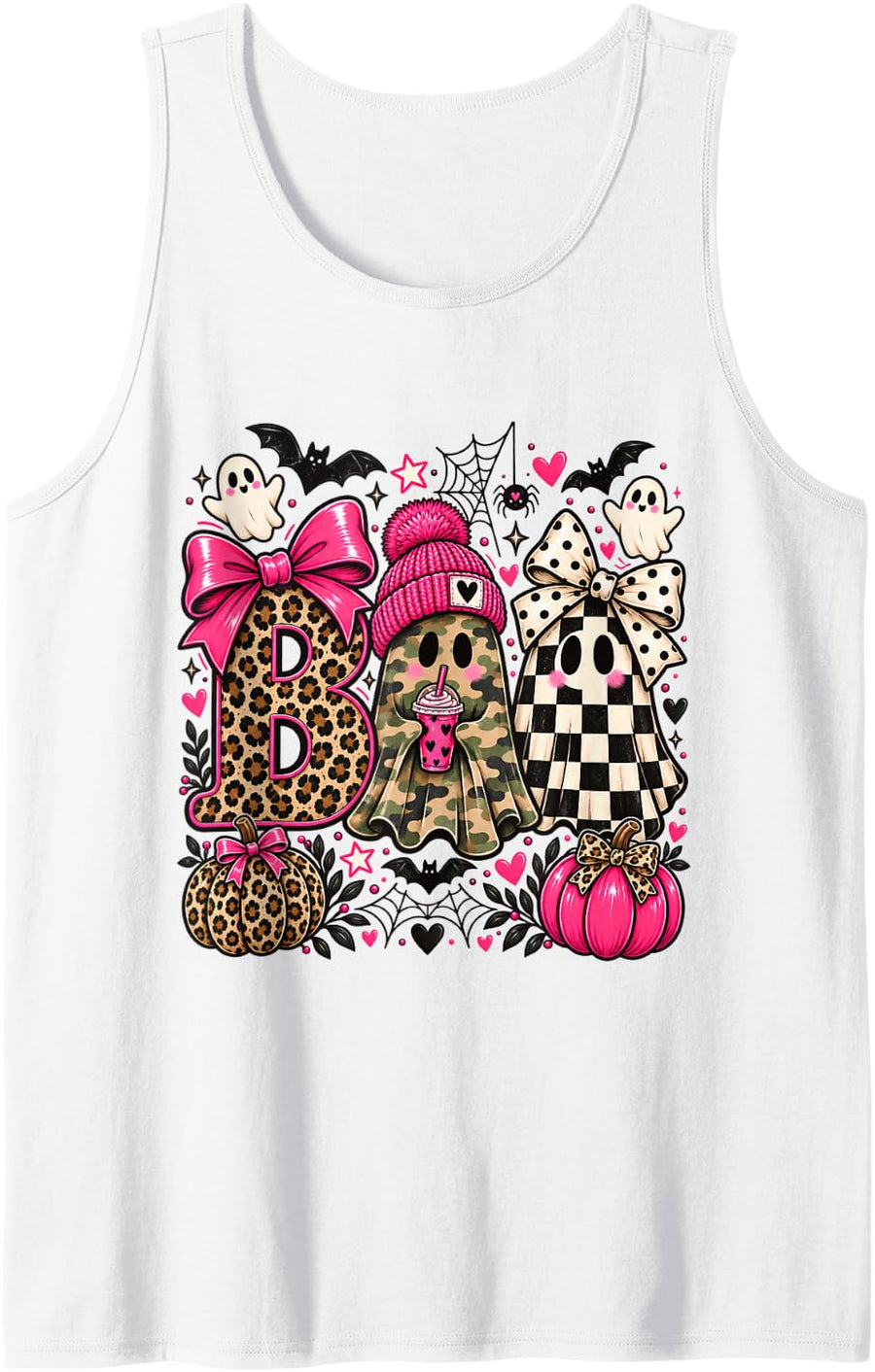 Boo Ghosts Camo Leopard Checkered Coquette Halloween Sleeveless Tank Top - White