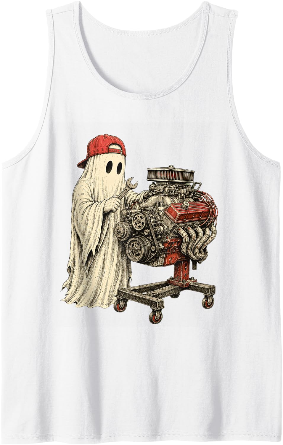 Funny Halloween Ghost Mechanic Engine Wrench for Car Lovers Tank Top - White
