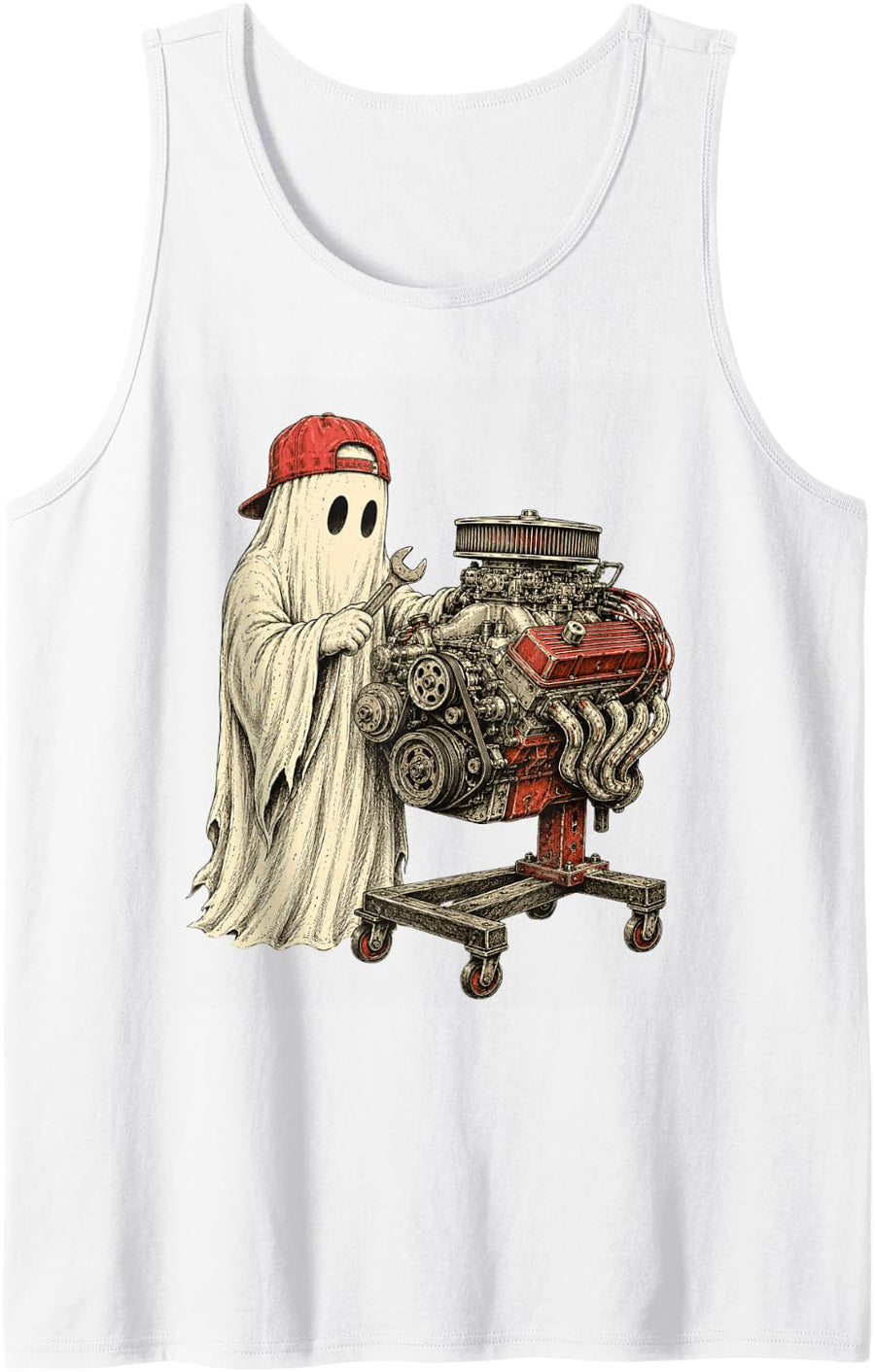 Funny Halloween Ghost Mechanic Engine Wrench for Car Lovers Tank Top - White
