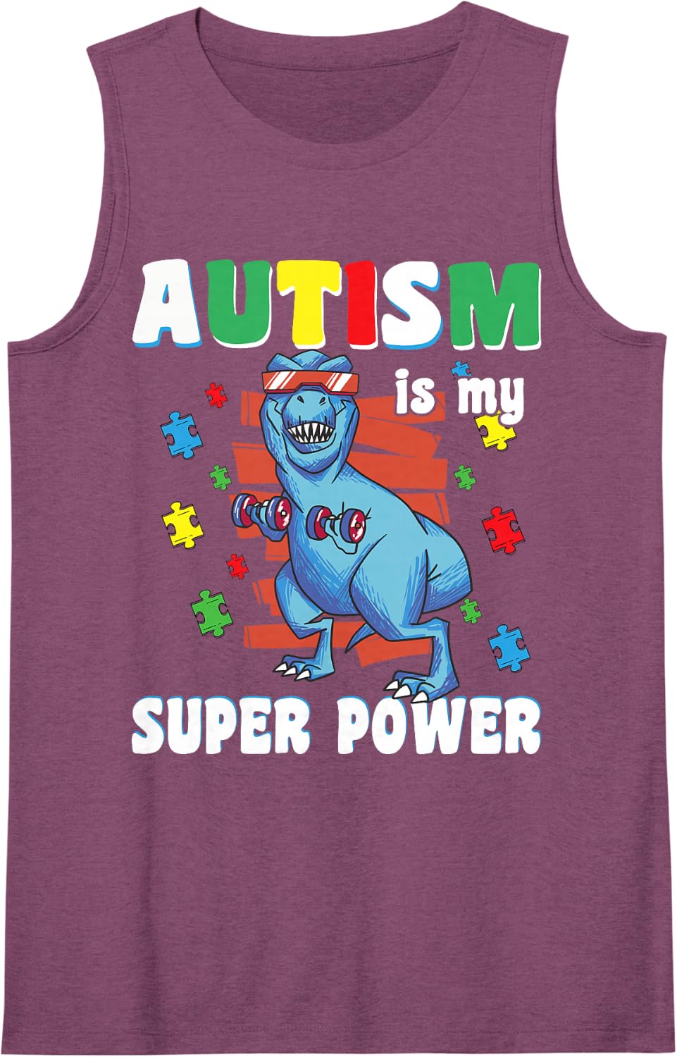 Funny Cute Autism is My Superpower Dinosaur T-Rex Boys Kids Sleeveless Tank Top - Purple