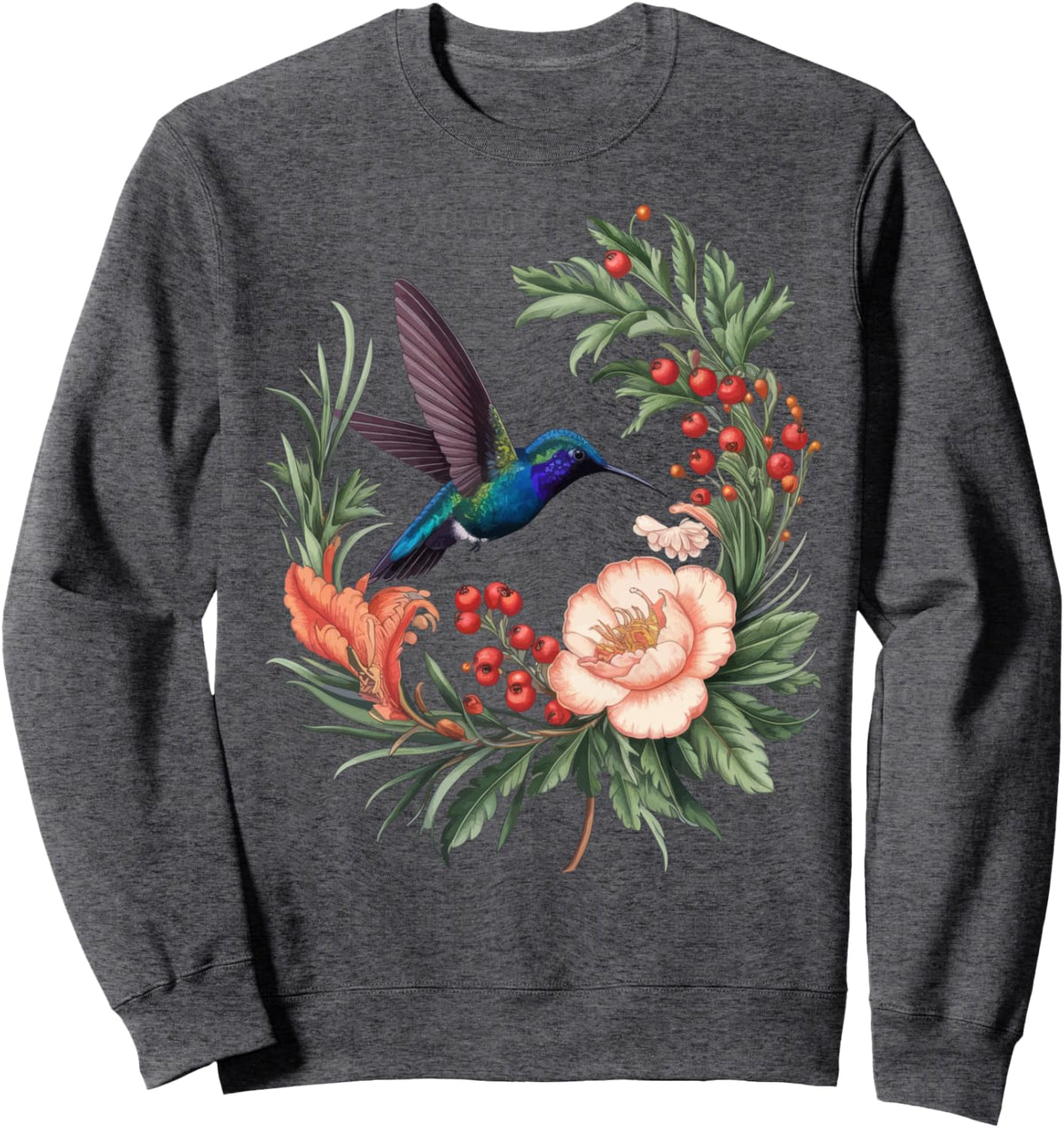 Hummingbird Floral Flower Botanist Hummingbird Sweatshirt - Adult Unisex Dark Heather Grey