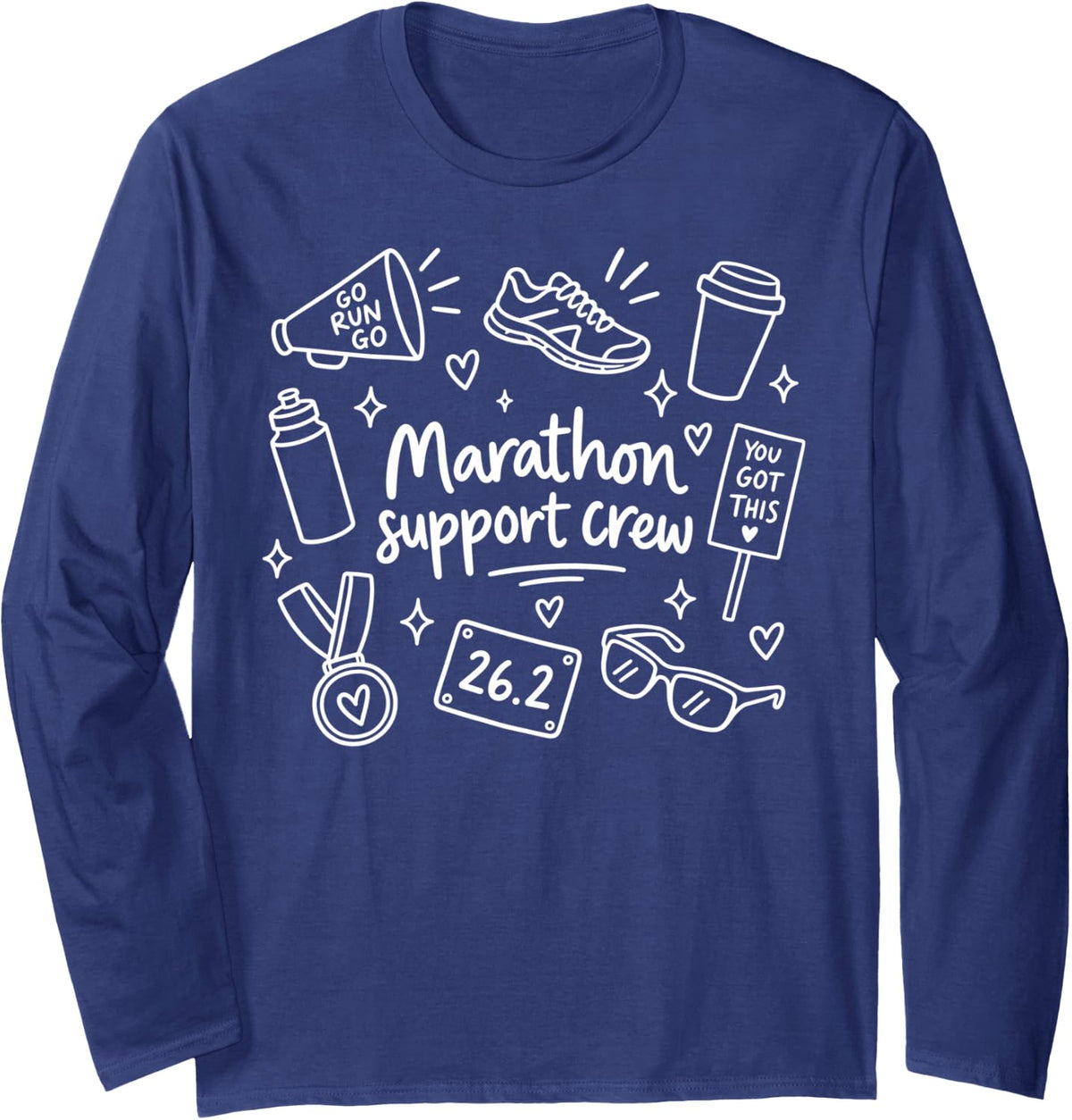 Marathon Support Crew 26.2 Miles Runner Marathoner Jogging Long Sleeve T-Shirt - Adult Unisex Navy Blue