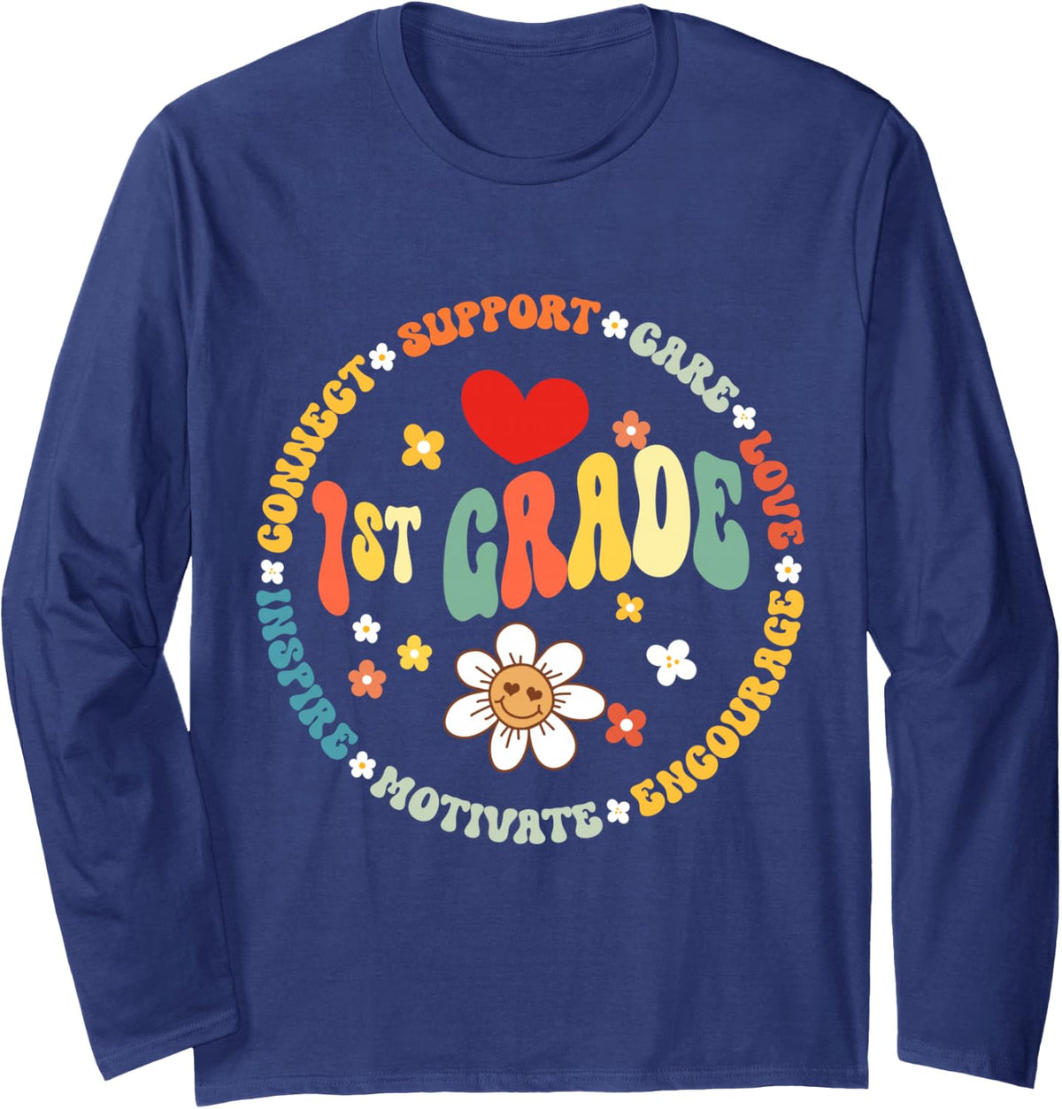 First Grade Teacher 1st Grade Rocks Groovy 1st Day of School Long Sleeve T-Shirt - Adult Unisex Navy Blue