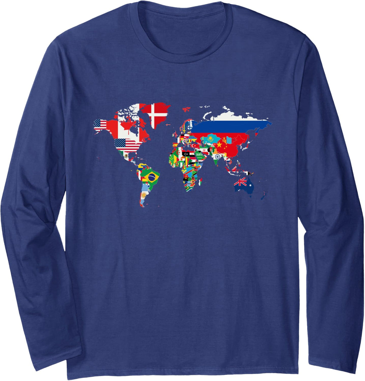 International world flags and world map for children Long Sleeve T-Shirt - Adult Unisex Navy Blue