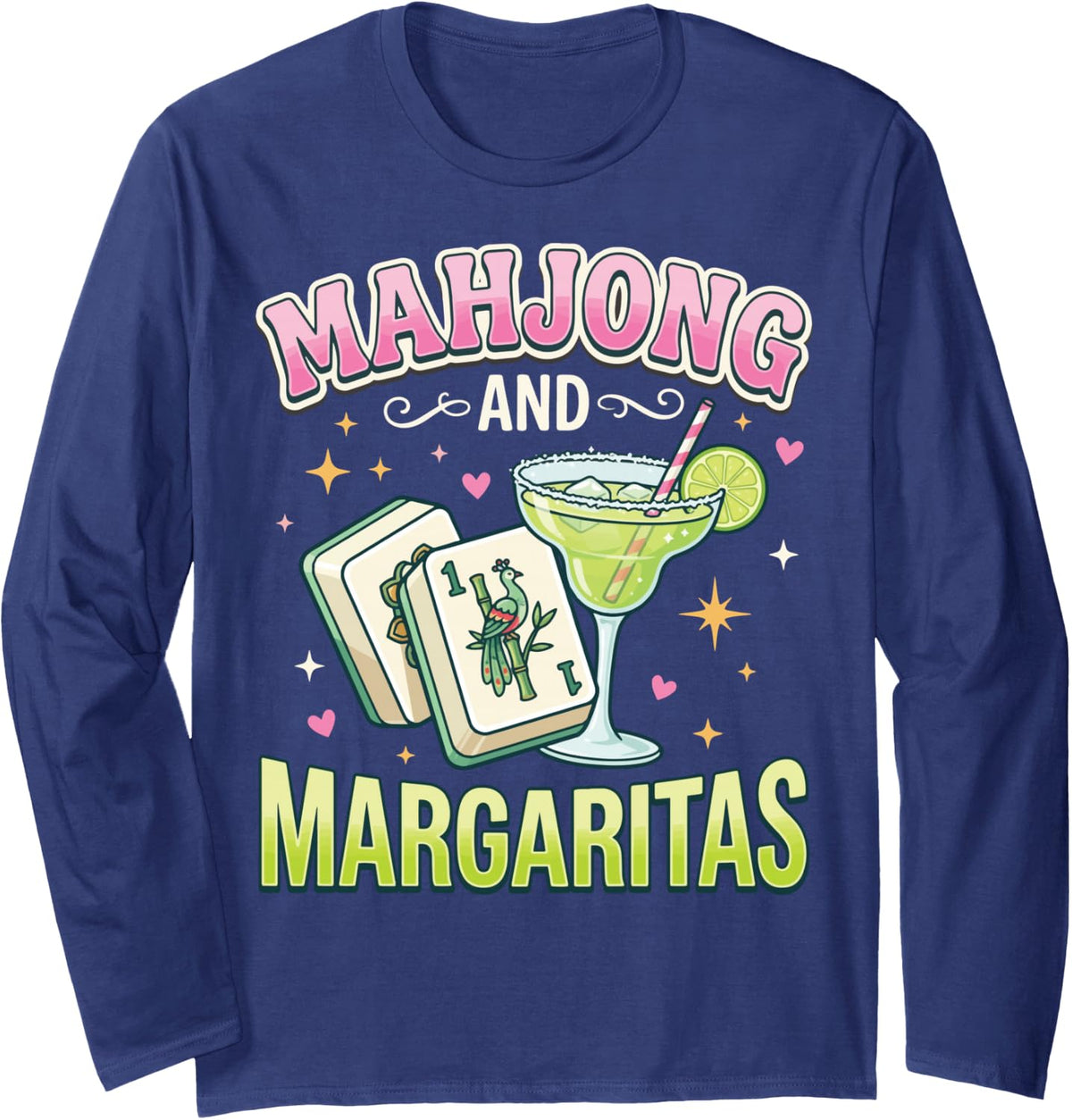 Mahjong and Margaritas Long Sleeve T-Shirt - Adult Unisex Navy Blue