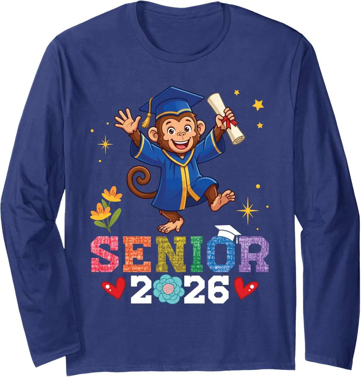 Senior 2026 Graduation Monkey Class of 2026 Scholar Graduate Long Sleeve T-Shirt - Adult Unisex Navy Blue