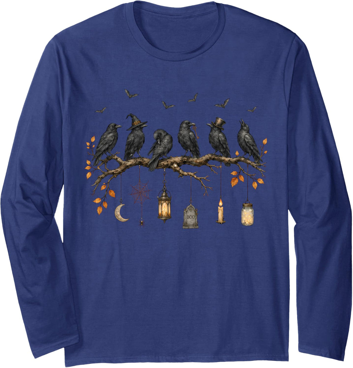 Raven Witch Halloween Branch Spooky Gothic Fall Long Sleeve T-Shirt - Adult Unisex Navy Blue