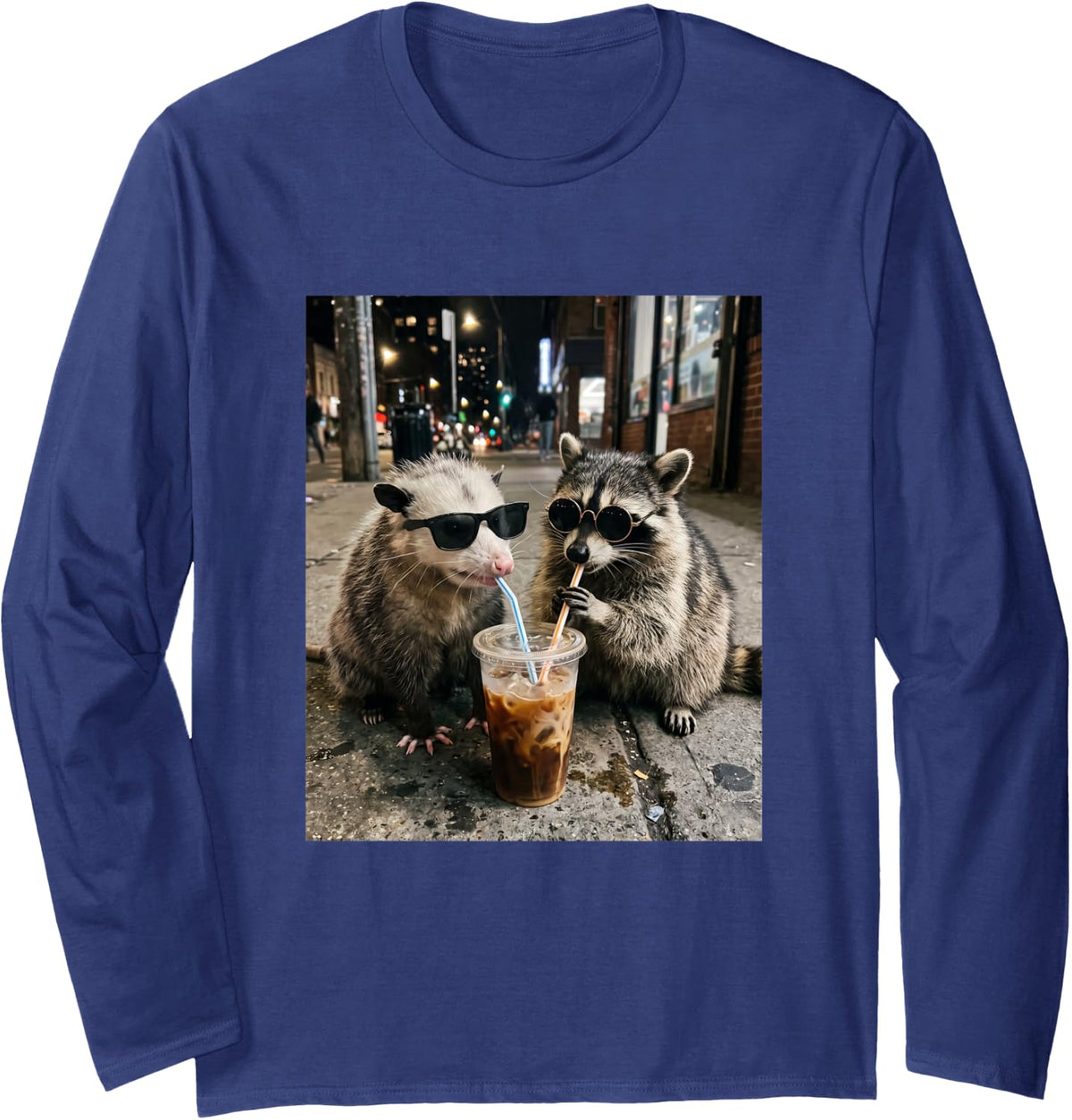 Opossum and Racoon Drinking Iced Coffee Funny Animals Meme Long Sleeve T-Shirt - Adult Unisex Navy Blue