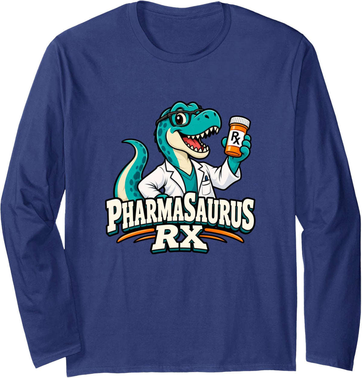 Pharmasaurus Rx Funny Pharmacist Pharmacy Technician Long Sleeve T-Shirt - Adult Unisex Navy Blue