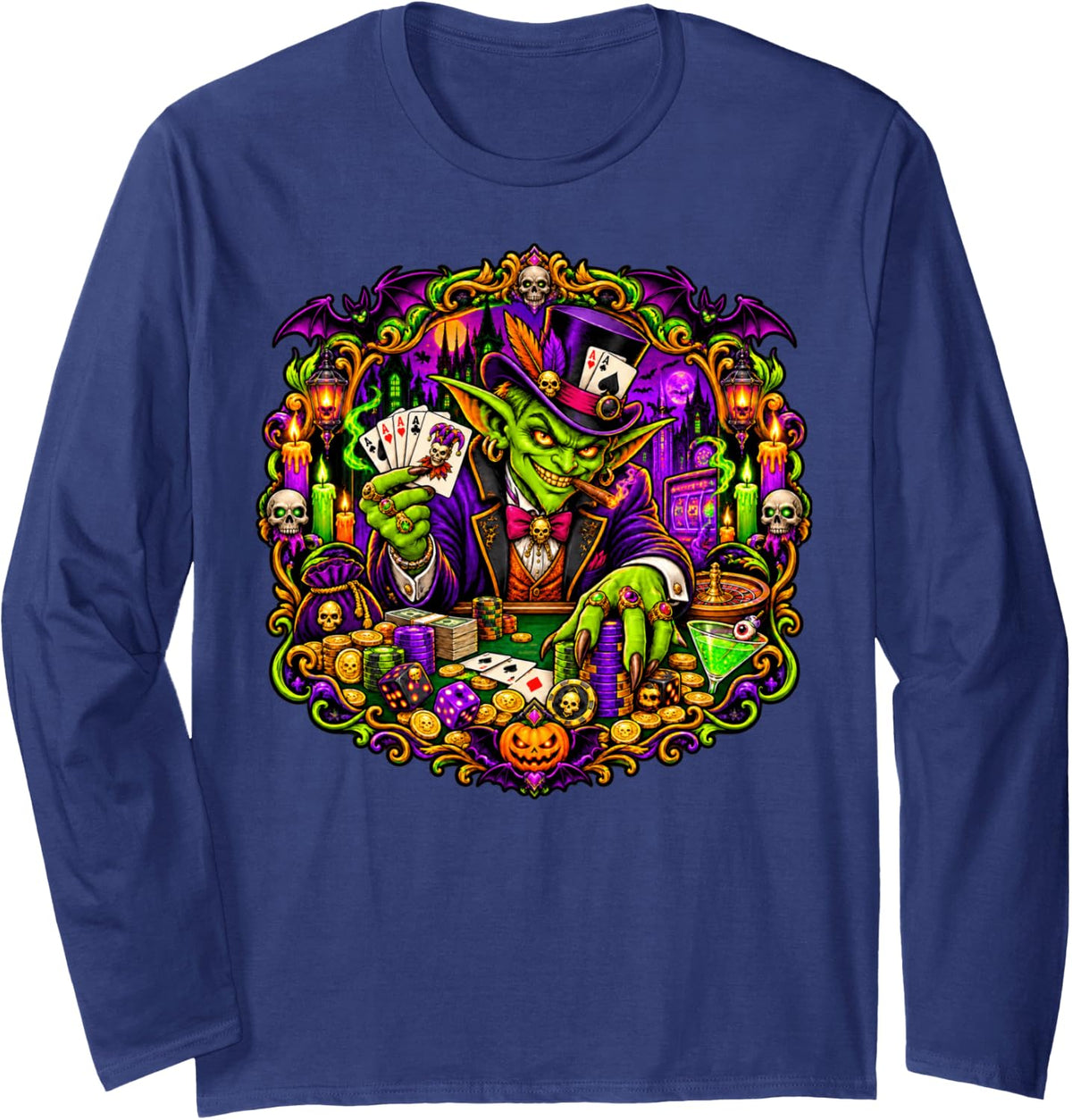 Gambler Cards Blackjack Poker Texas Holdem Spooky Casino Long Sleeve T-Shirt - Adult Unisex Navy Blue