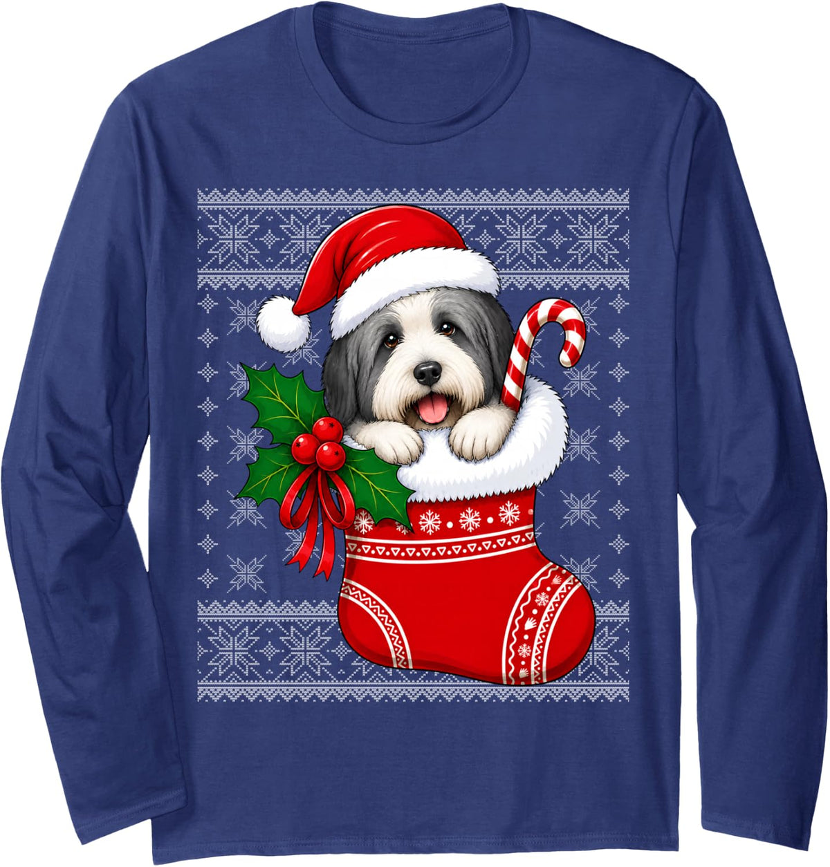 Bearded Collie Dog Christmas Stocking Cute Festive Ugly Xmas Long Sleeve T-Shirt - Adult Unisex Navy Blue