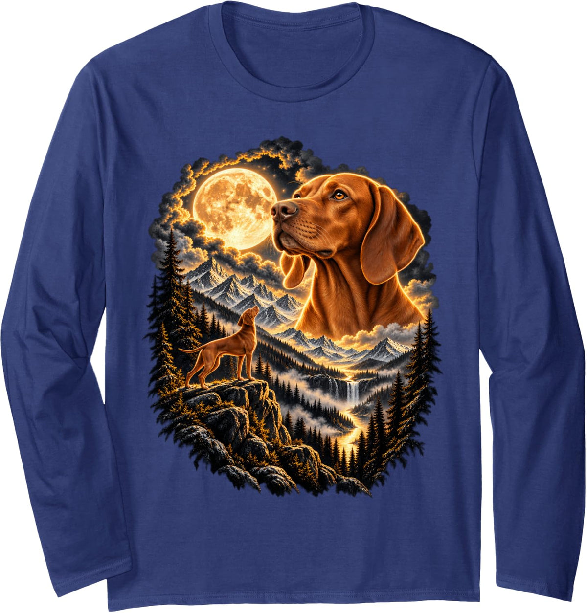 Vizsla Dog Howling At Moon Mountain Wilderness Art Long Sleeve T-Shirt - Adult Unisex Navy Blue