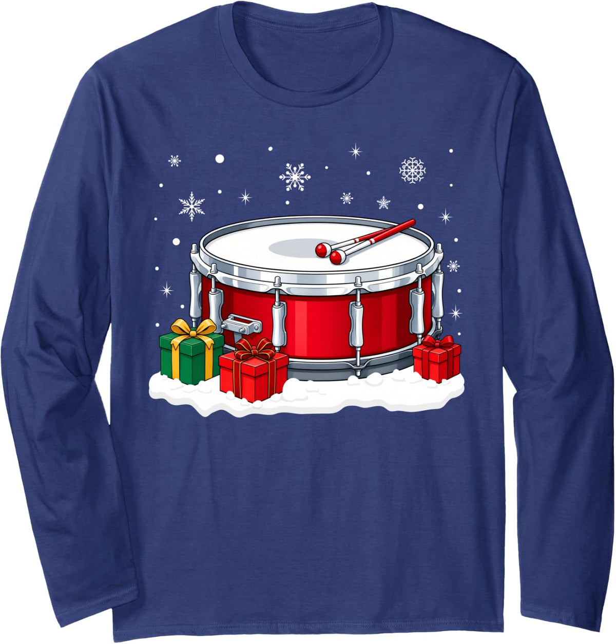 Festive Holiday Musical Drum Drummer Christmas Long Sleeve T-Shirt - Adult Unisex Navy Blue
