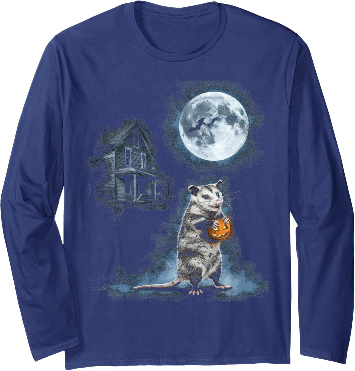 Vintage Opossum Halloween Funny Possum Pumpkin Spooky Moon Long Sleeve T-Shirt - Adult Unisex Navy Blue