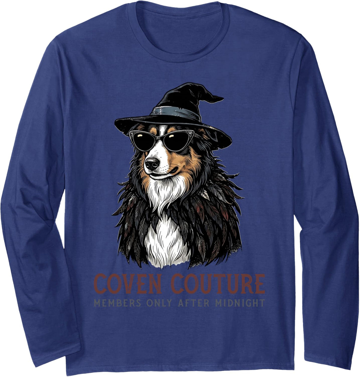 Collie Dog Witch Hat Sunglasses Feather Shawl Stylish Gothic Long Sleeve T-Shirt - Adult Unisex Navy Blue