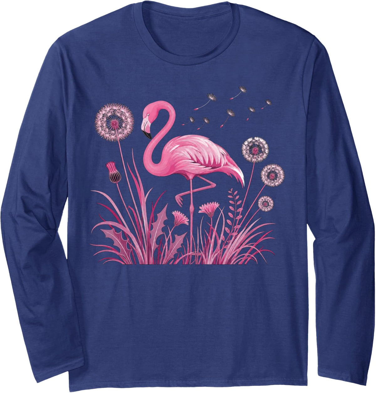 Pink Flamingo Surrounded by Dandelions and Grass Long Sleeve T-Shirt - Adult Unisex Navy Blue