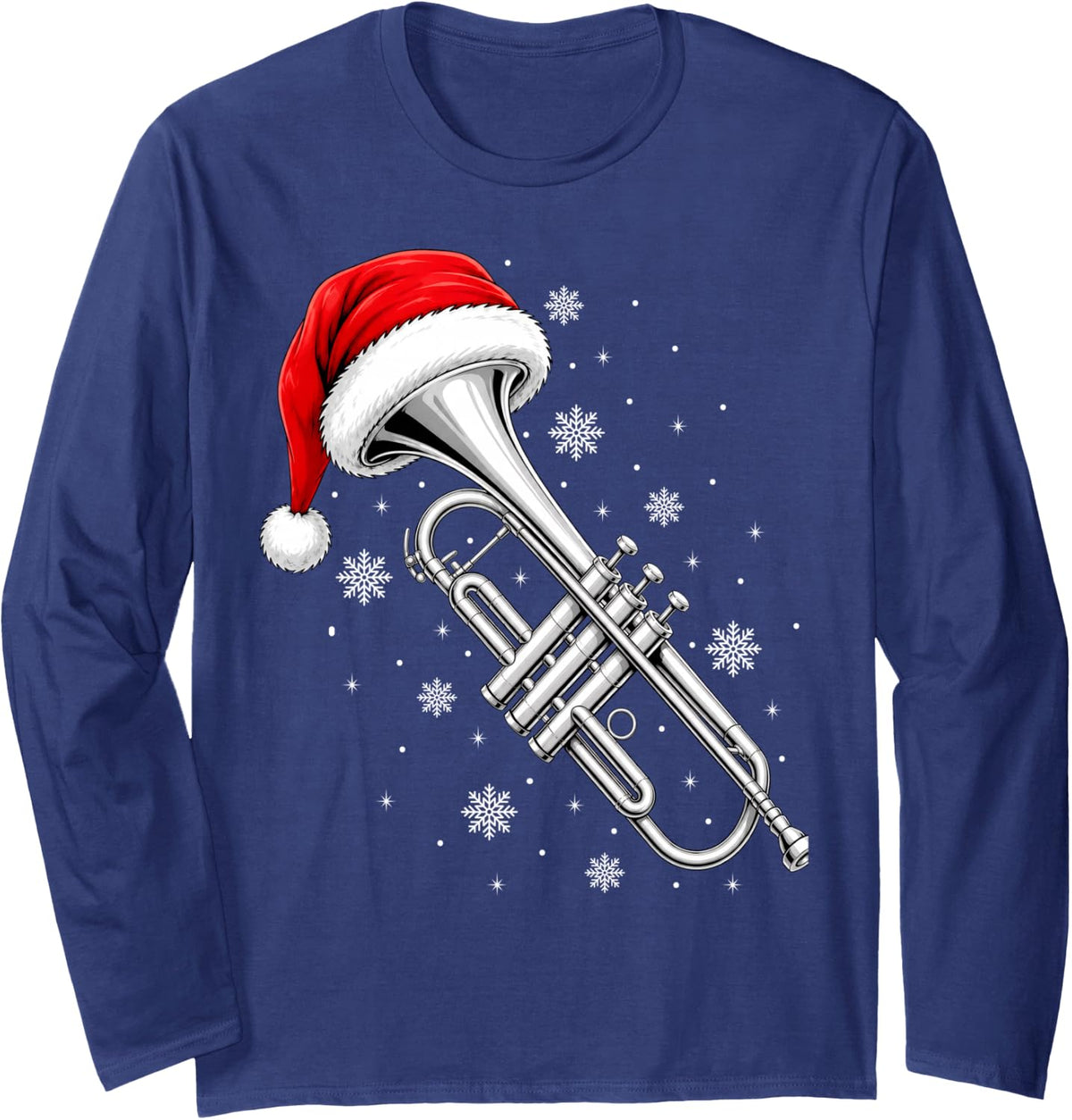 Christmas Santa Hat Musical Trumpet Long Sleeve T-Shirt - Adult Unisex Navy Blue