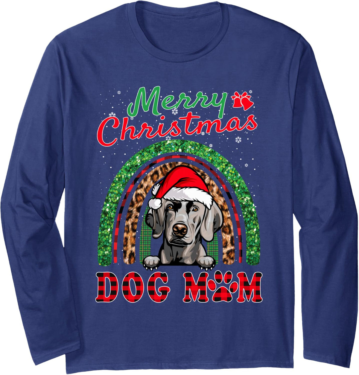 Weimaraner Christmas Santa Hat Dog Mom Boho Rainbow Xmas Long Sleeve T-Shirt - Adult Unisex Navy Blue