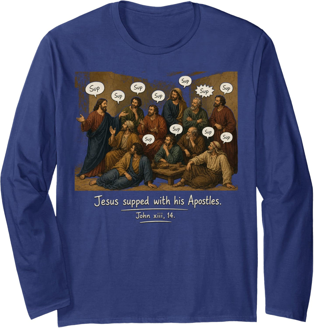 Jesus and Apostles Speech Bubble Design Long Sleeve T-Shirt - Adult Unisex Navy Blue