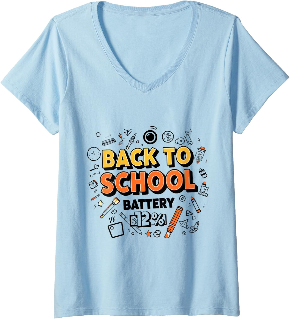 Women's Back to School Battery 12 Percent Teacher Humor V-Neck T-Shirt - Baby Blue