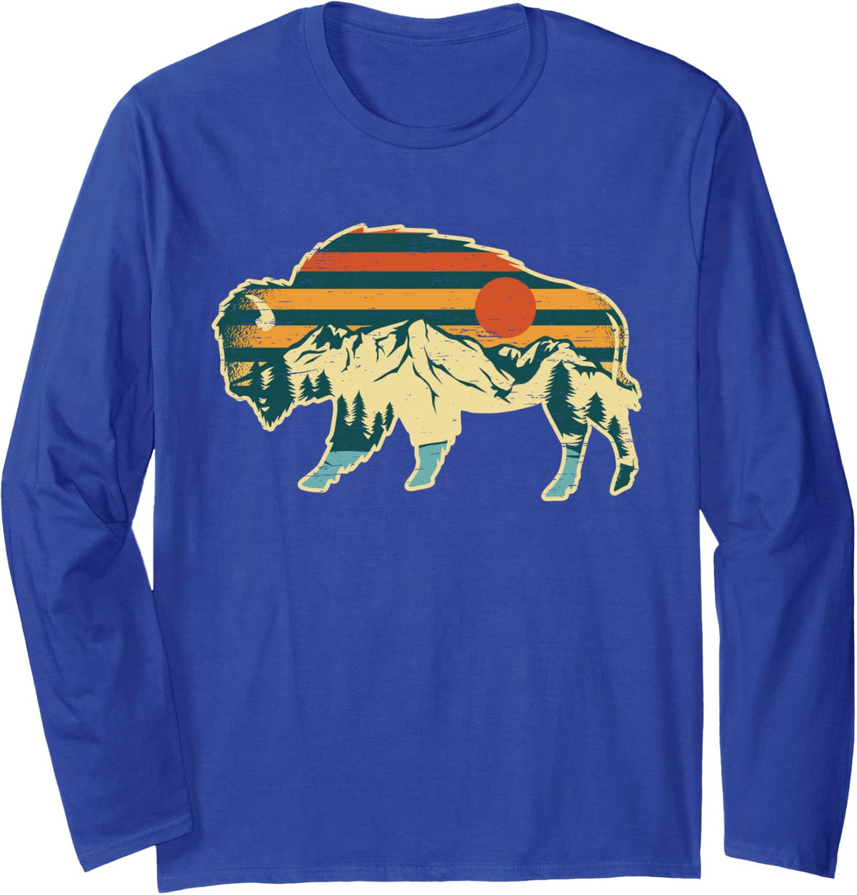Sunset Landscape Buffalo - Animal Bison Long Sleeve T-Shirt - Adult Unisex Royal Blue