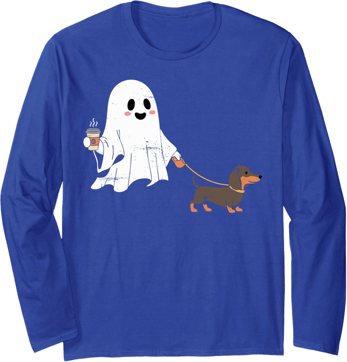 Funny Ghost Walking Coffee Dachshund Dog Halloween Costume Long Sleeve T-Shirt - Adult Unisex Royal Blue