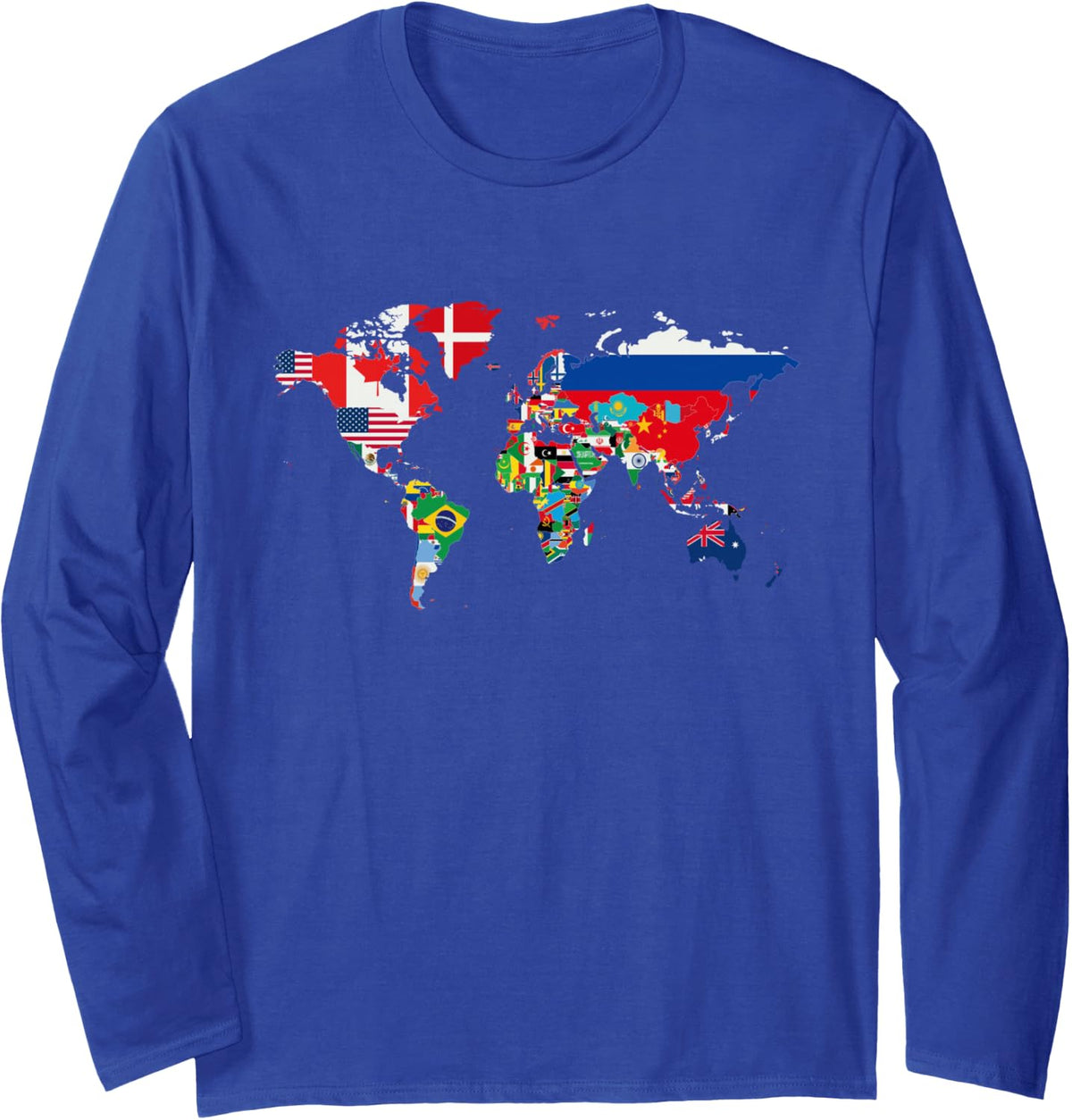 International world flags and world map for children Long Sleeve T-Shirt - Adult Unisex Royal Blue
