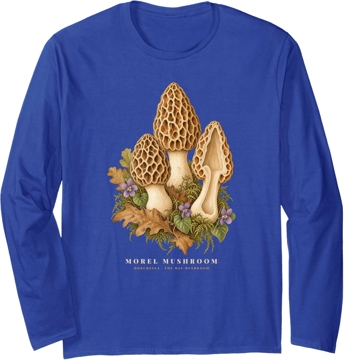 Morel Mushroom Hunting Vintage Botanical Foraging Long Sleeve T-Shirt - Adult Unisex Royal Blue