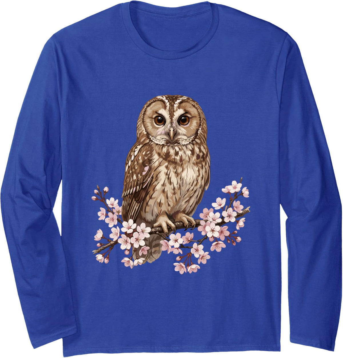 Cherry Blossoms - Watercolor Owl Long Sleeve T-Shirt - Adult Unisex Royal Blue