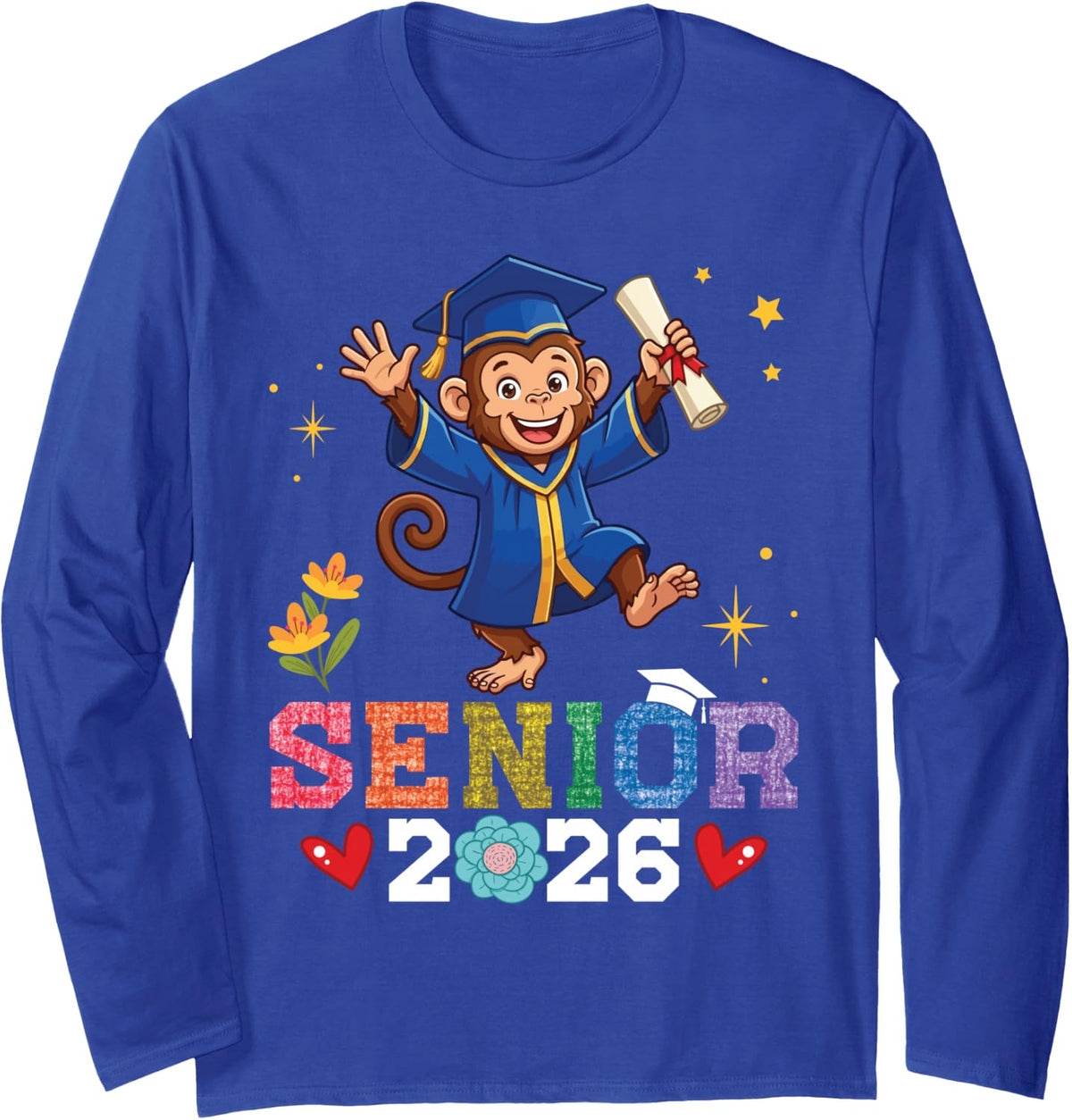 Senior 2026 Graduation Monkey Class of 2026 Scholar Graduate Long Sleeve T-Shirt - Adult Unisex Royal Blue