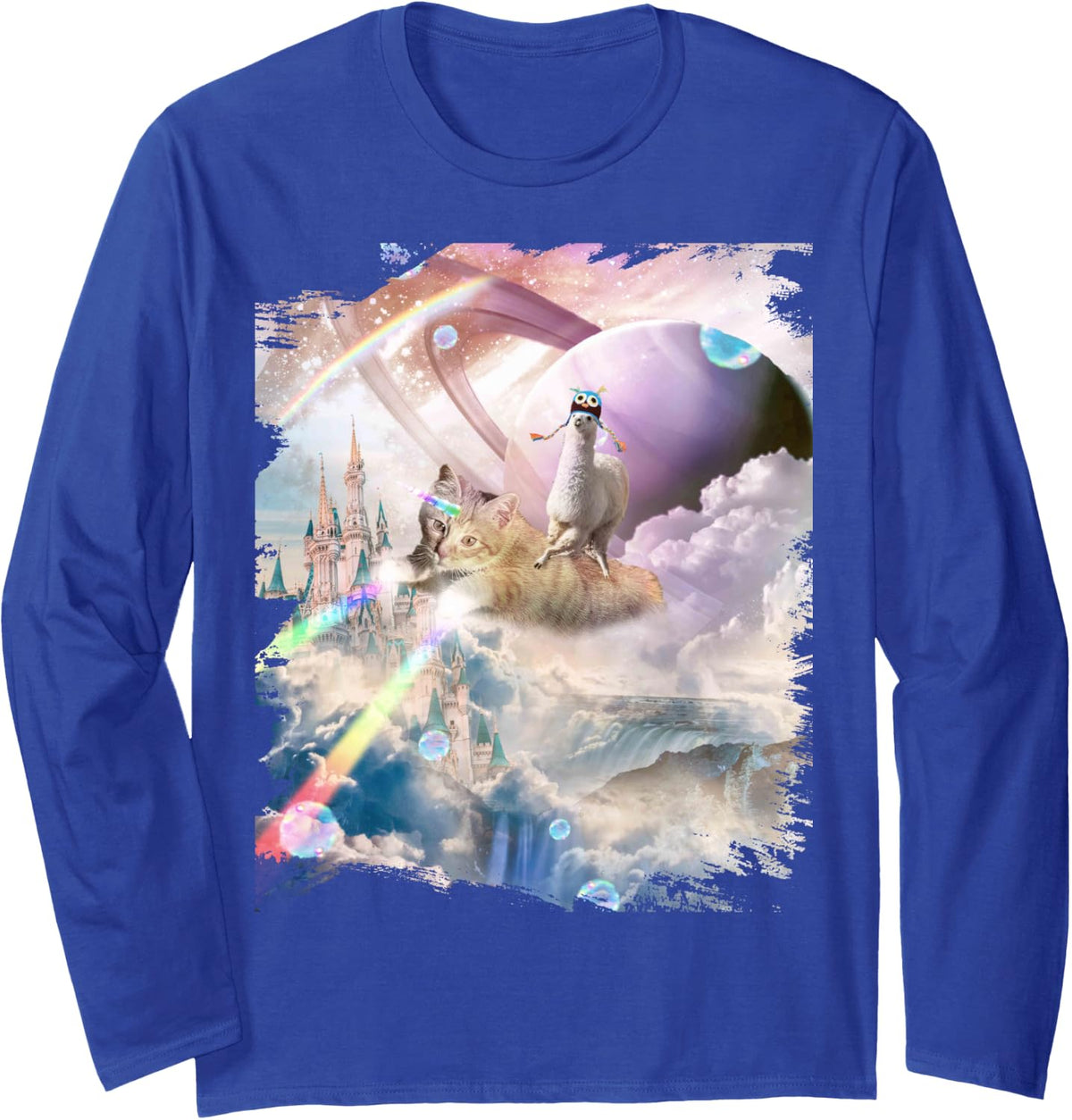 Llama on Rainbow Laser Cat Unicorn in Space Long Sleeve T-Shirt - Adult Unisex Royal Blue