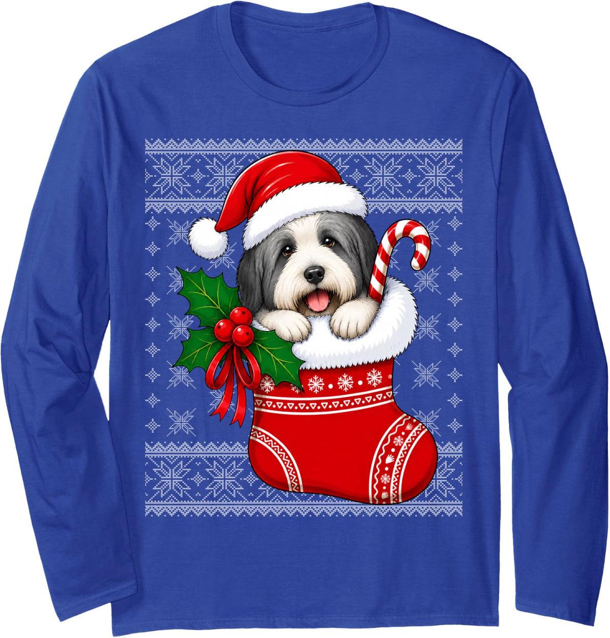 Bearded Collie Dog Christmas Stocking Cute Festive Ugly Xmas Long Sleeve T-Shirt - Adult Unisex Royal Blue