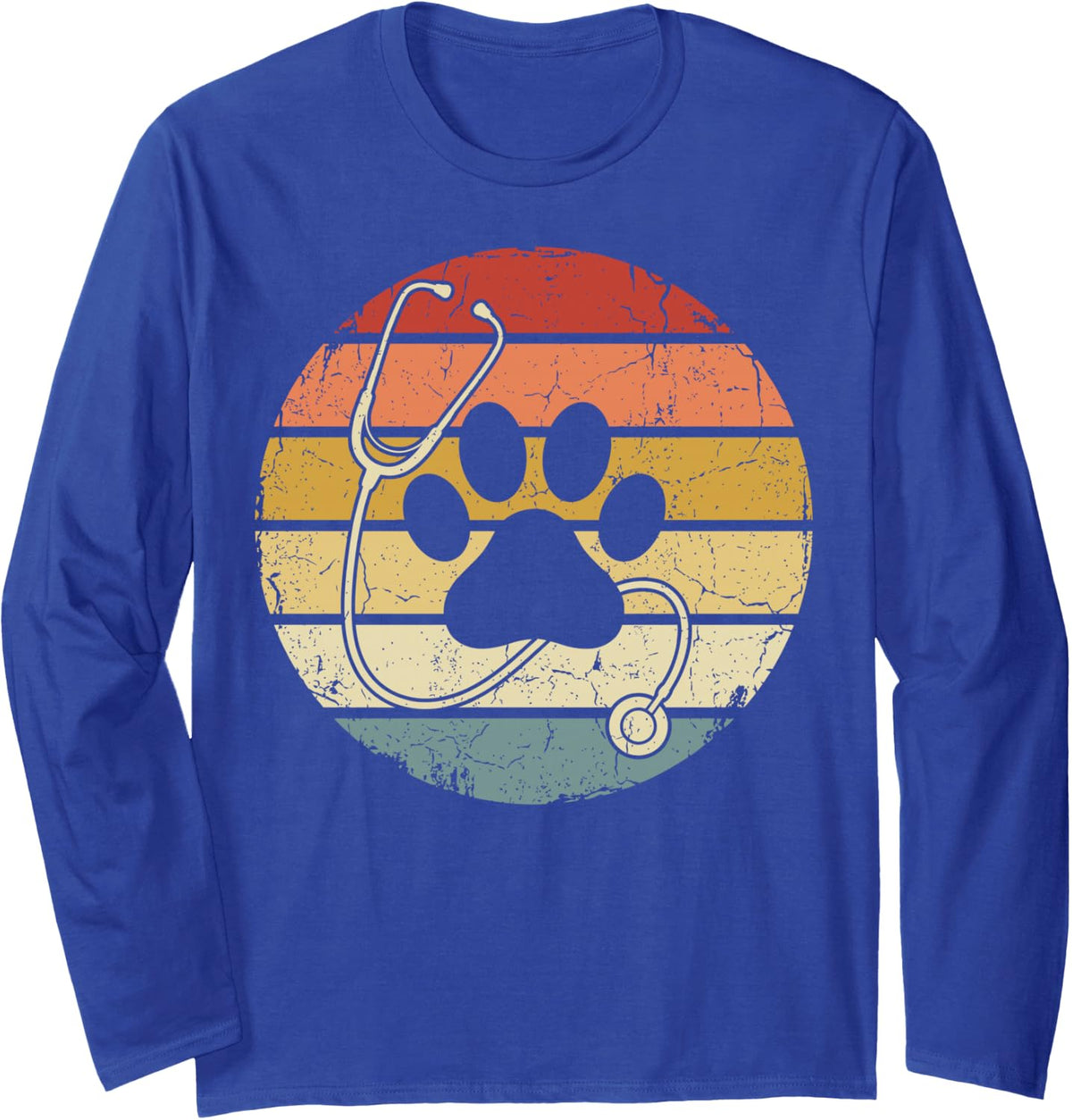 Retro Paw Prints Stethoscope Veterinarian Vet Tech Long Sleeve T-Shirt - Adult Unisex Royal Blue