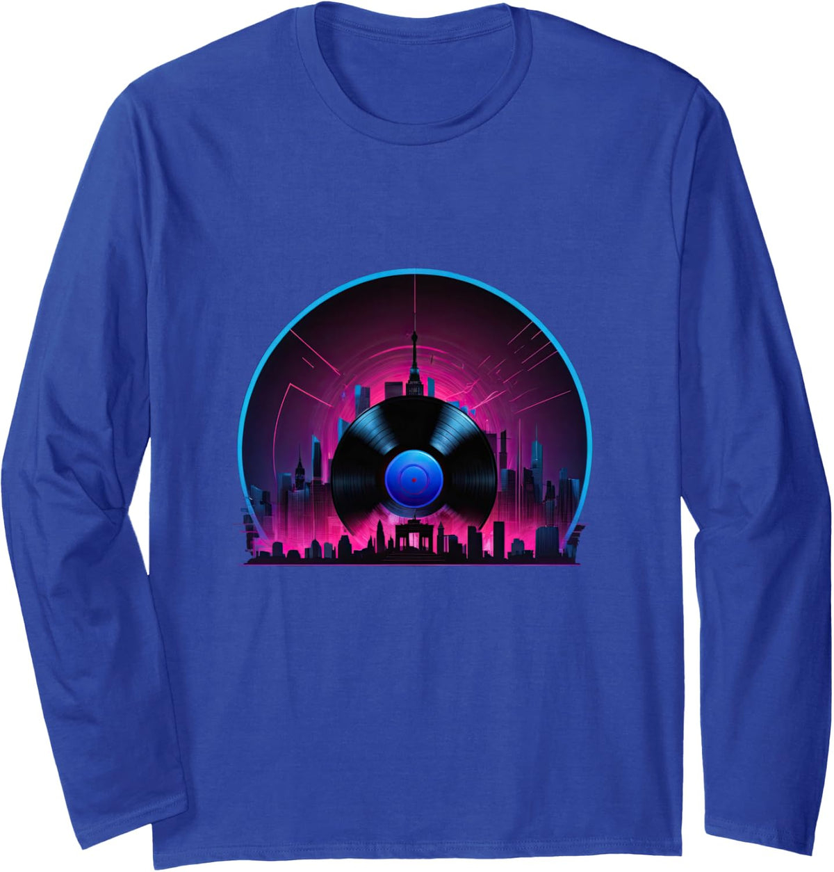 Vinyl Record Cityscape Synthwave Aesthetic Music Cyberpunk Long Sleeve T-Shirt - Adult Unisex Royal Blue