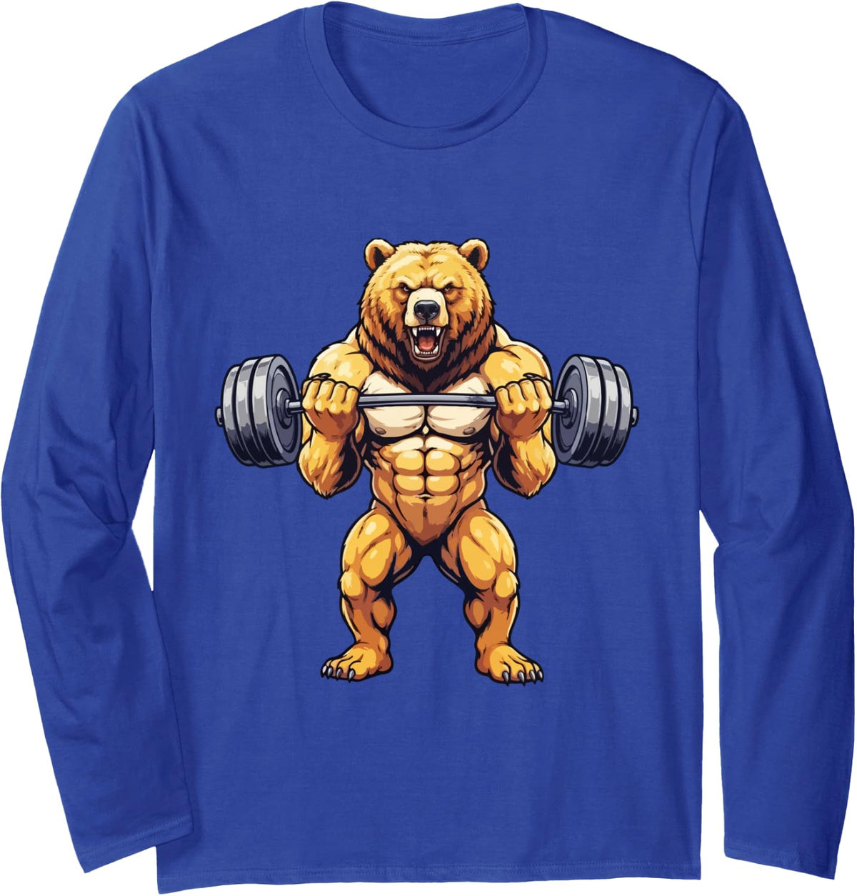 Muscular Bear Bicep Curls Powerlifting Graphics Long Sleeve T-Shirt - Adult Unisex Royal Blue
