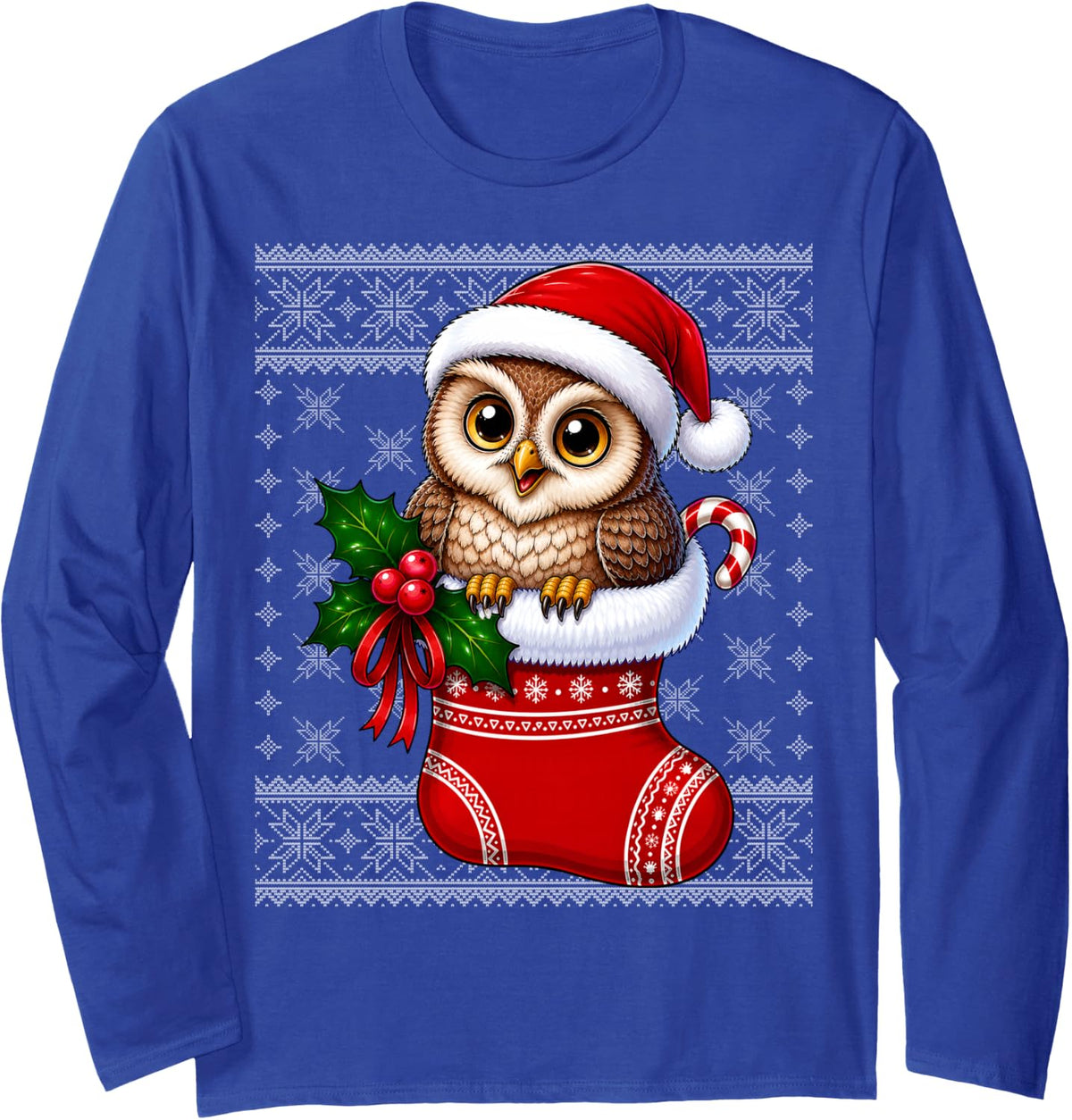 Owl Christmas Stocking Cute Festive Owl Bird Ugly Xmas Long Sleeve T-Shirt - Adult Unisex Royal Blue