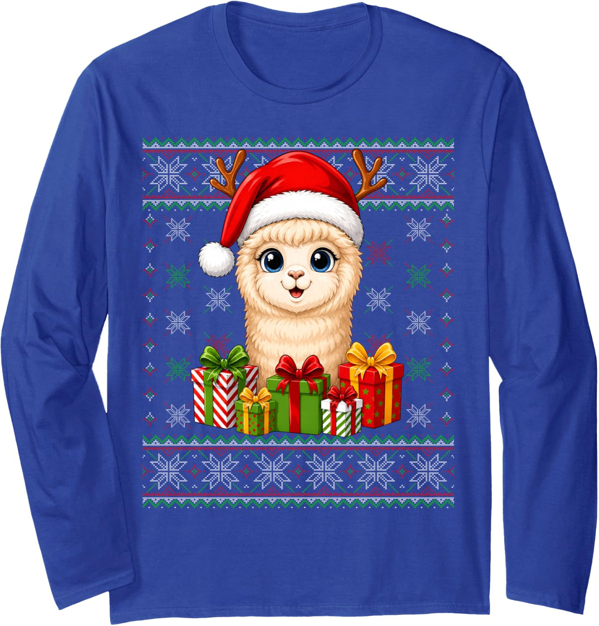Alpaca Xmas Ugly Sweaters Festive Santa Llama Christmas Long Sleeve T-Shirt - Adult Unisex Royal Blue