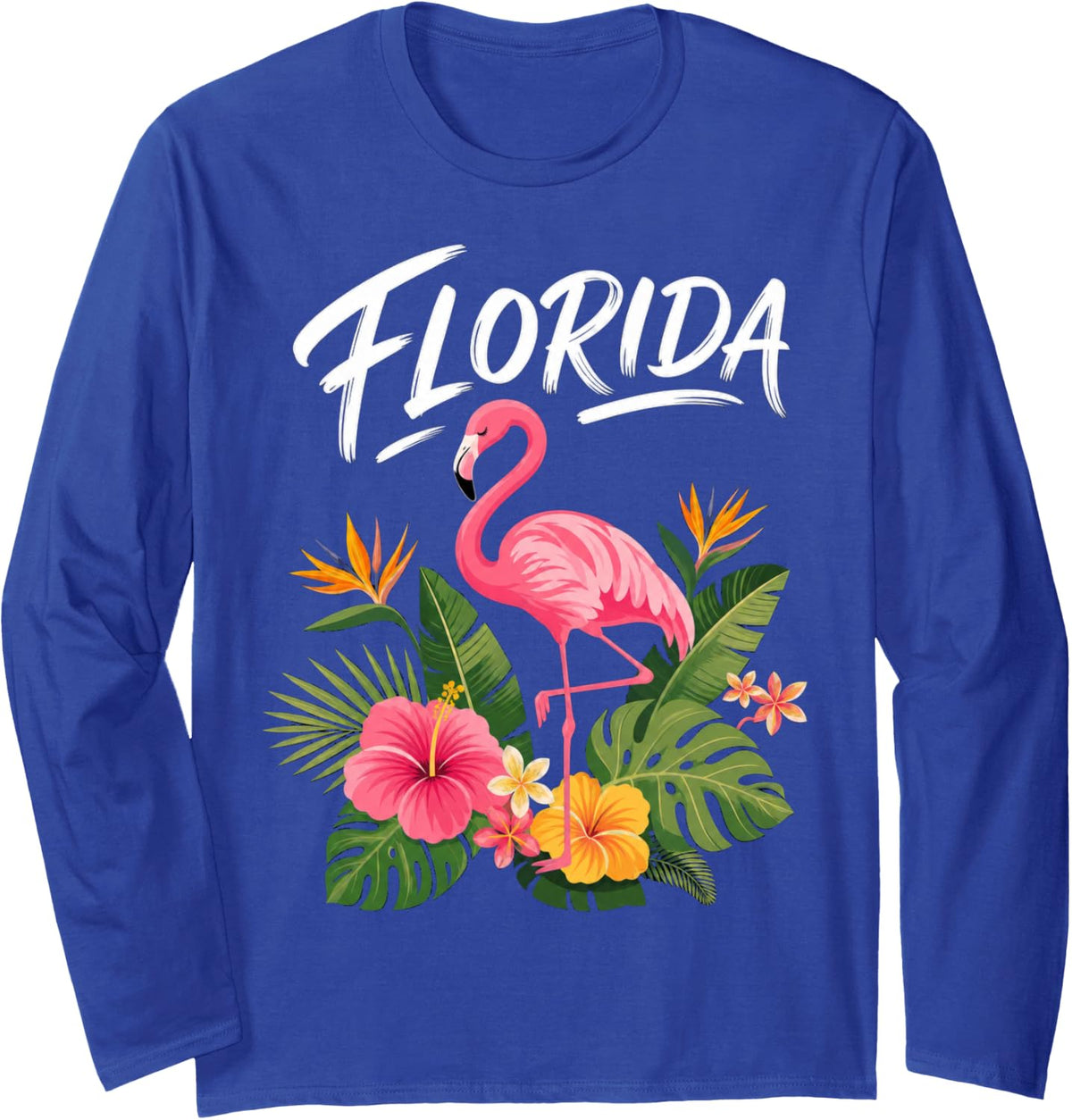 Florida Flamingo Tropical Illustration with Flowers Long Sleeve T-Shirt - Adult Unisex Royal Blue