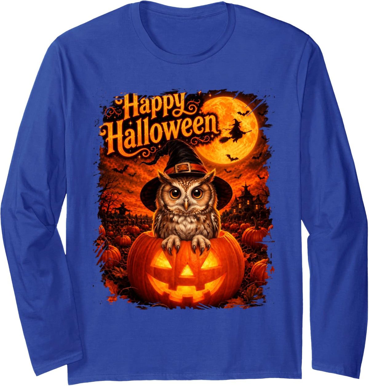 Cute Screech Owl Happy Halloween Night Long Sleeve T-Shirt - Adult Unisex Royal Blue
