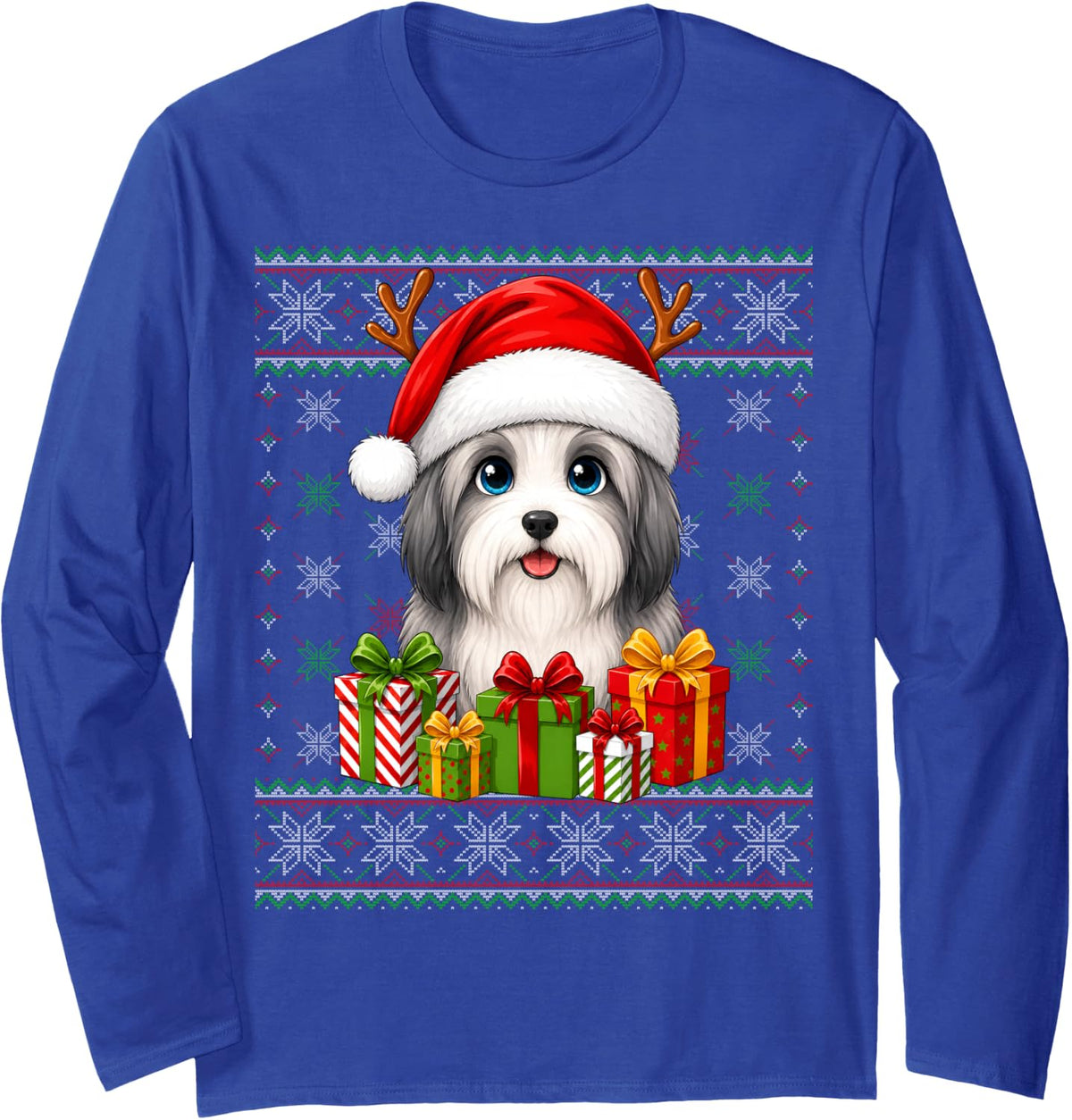 Bearded Collie Dog Christmas Ugly Sweaters Festive Pet Xmas Long Sleeve T-Shirt - Adult Unisex Royal Blue