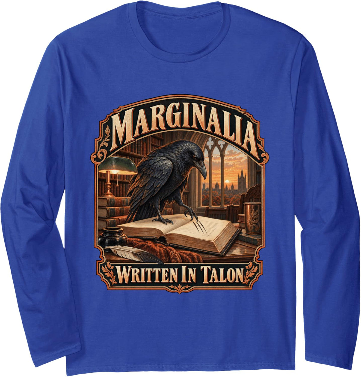 Marginalia Written in Talon Gothic Raven Graphic Tee Dark Long Sleeve T-Shirt - Adult Unisex Royal Blue
