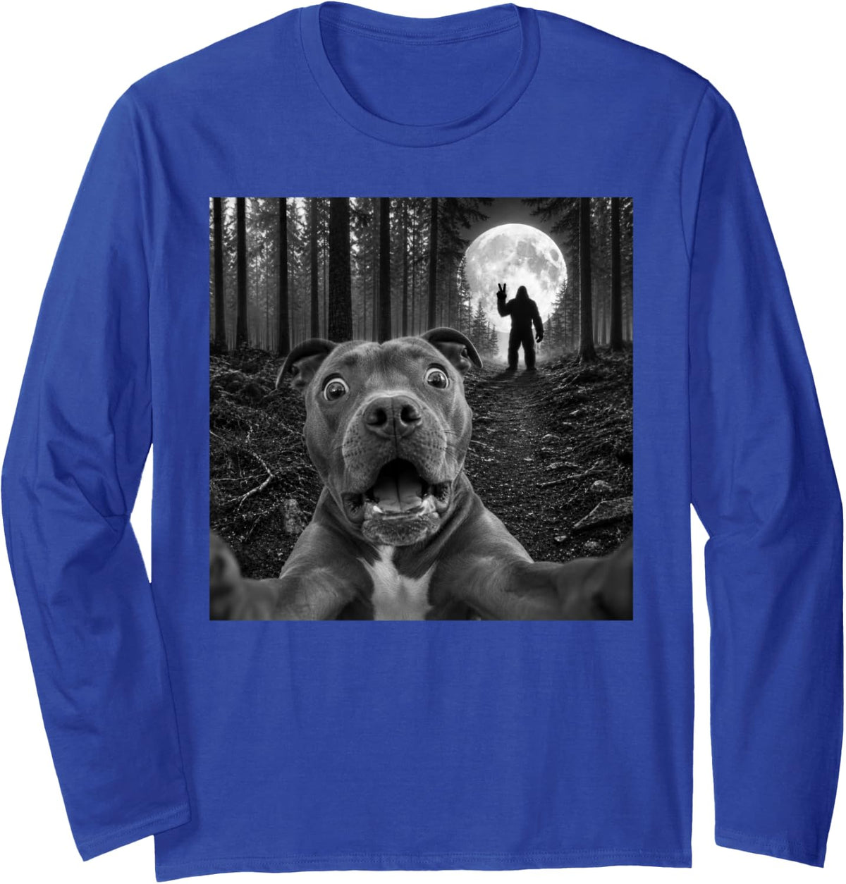 Staffordshire Bull Terrier Selfie with Bigfoot Peace Sign Long Sleeve T-Shirt - Adult Unisex Royal Blue