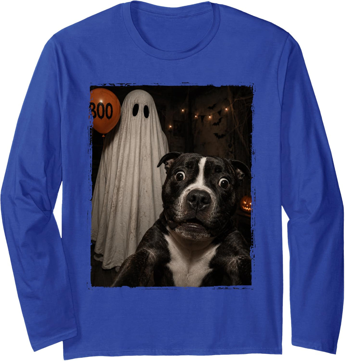 Funny Staffordshire Bull Terrier Halloween Selfie Ghost Boo Long Sleeve T-Shirt - Adult Unisex Royal Blue