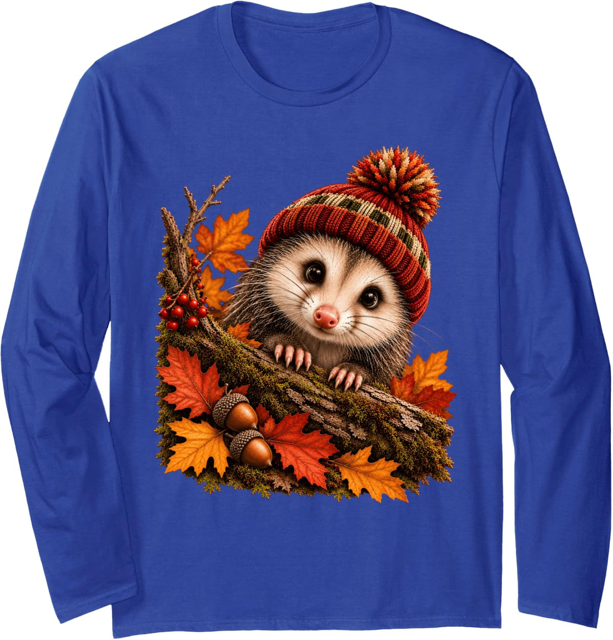 Cute Opossum Autumn Fall Outfit Funny Forest Animals Possum Long Sleeve T-Shirt - Adult Unisex Royal Blue