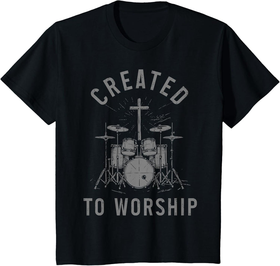 Christian Drummer Created To Worship Faith Cross Jesus T-Shirt - Black